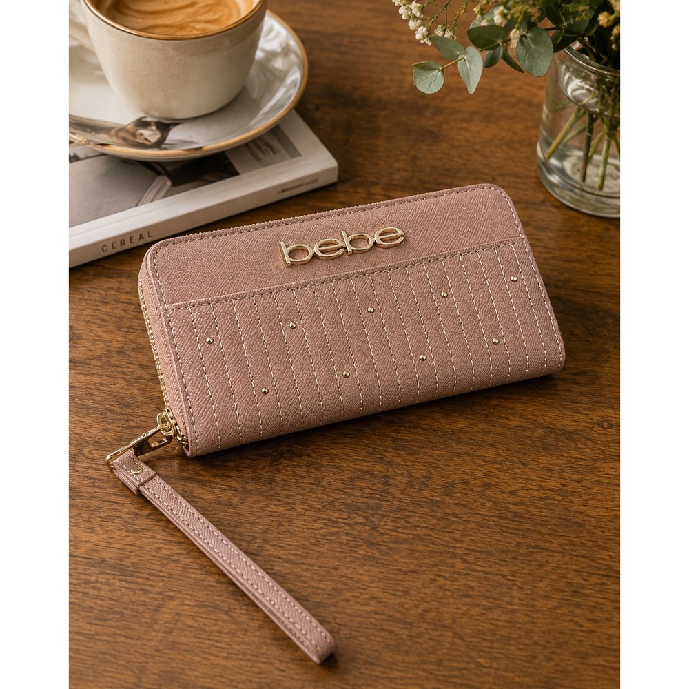 Bebe Dusty Pink Studded Zip‎ Around Wallet Wristlet